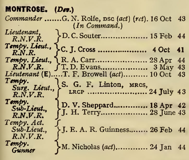 Navy List for HMS Montrose, June 1944,
