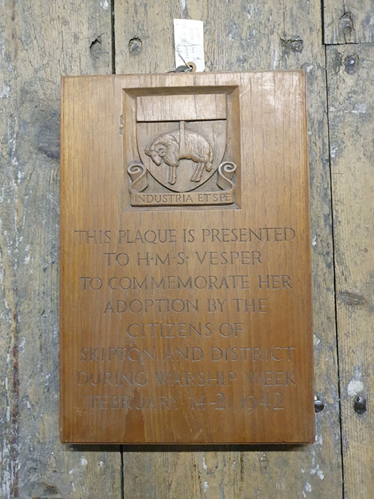 The plaque in the National M useum of the Royal Navy presented to HMS Vesper by Skipton in 1942