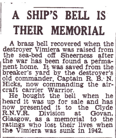 Purchse of bell by Lt Cdr Roger Hicks,  fiormer CO of HMS Vimiera