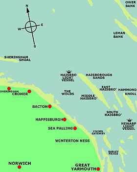 Map of Norfolk Coast showing Haisboropugh Sands (Wikipedia)
