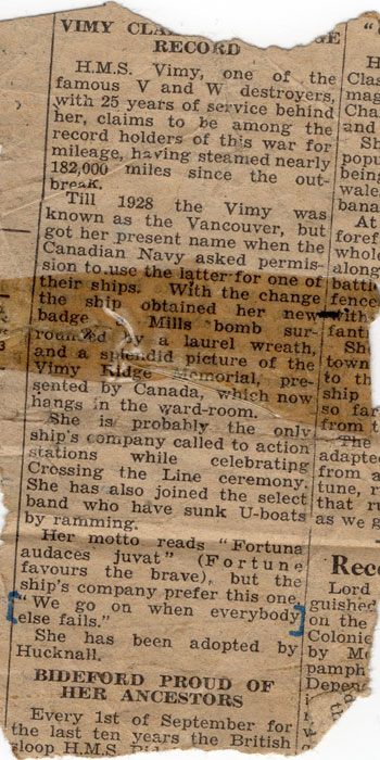 Press Cutting abut HMS Vimy (undated)