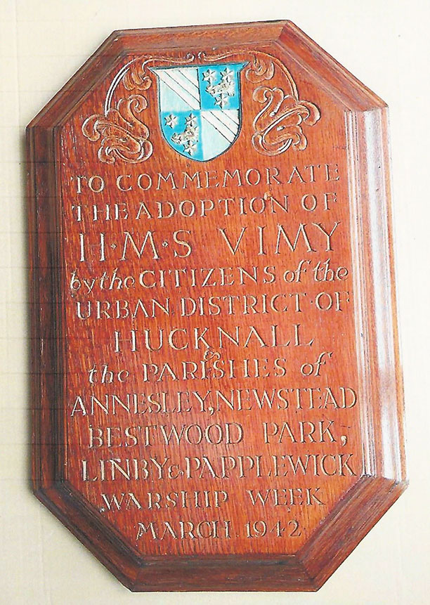 The plaque presented to  HMS Vimy by Hucknall UDC and RDC