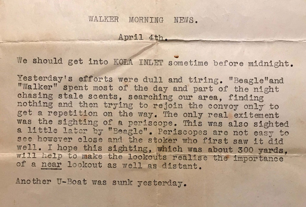 Daily News from HMS Walker 4 April 1944