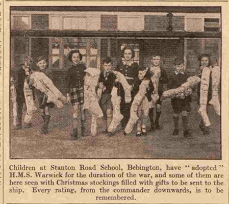 Newspaper cutting about doption of HMS Warwick bt Stanton Schools, Bebbington