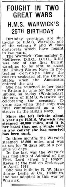25th Birthday of HMS Warwick in 1943
