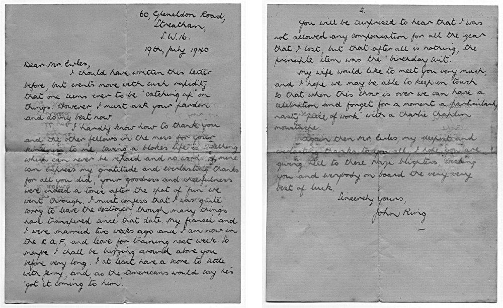 Letter from RAF pilot save by HMS Windsor
