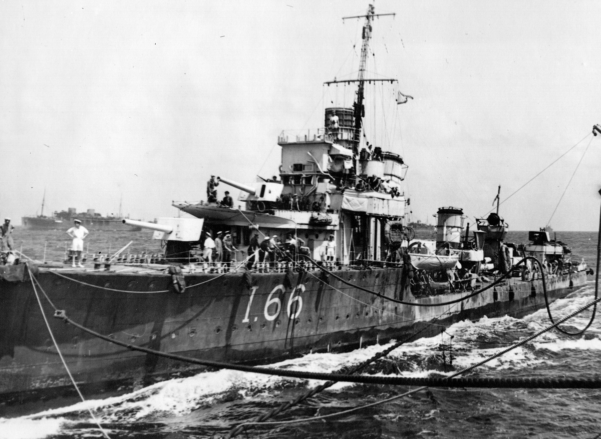 HMS Wivern (I66) fueling at sea - in 1943?