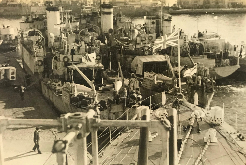 View from bridge of HMS Wolsey of Fleet mine sweepers, Stavanger, May 1945