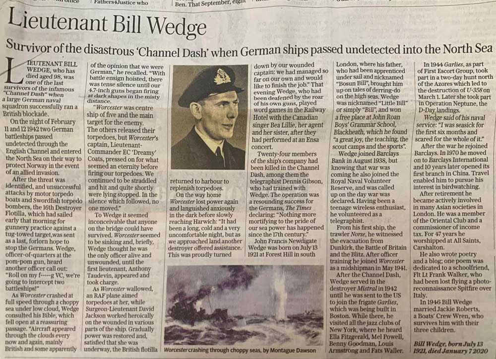 Obituary of Bill Wedge in The Telegraph on 12 February 2020
