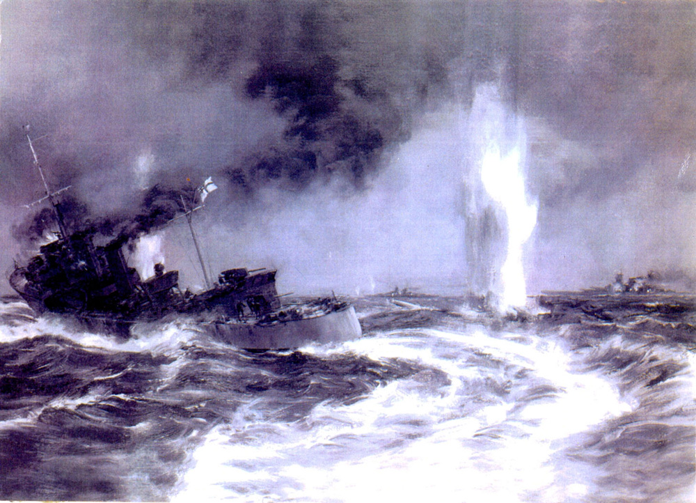 Paiting by Montagu Daqson of HMS Worcester under fire duringb the CHannel Dask to intercept the German warships in the English Channel