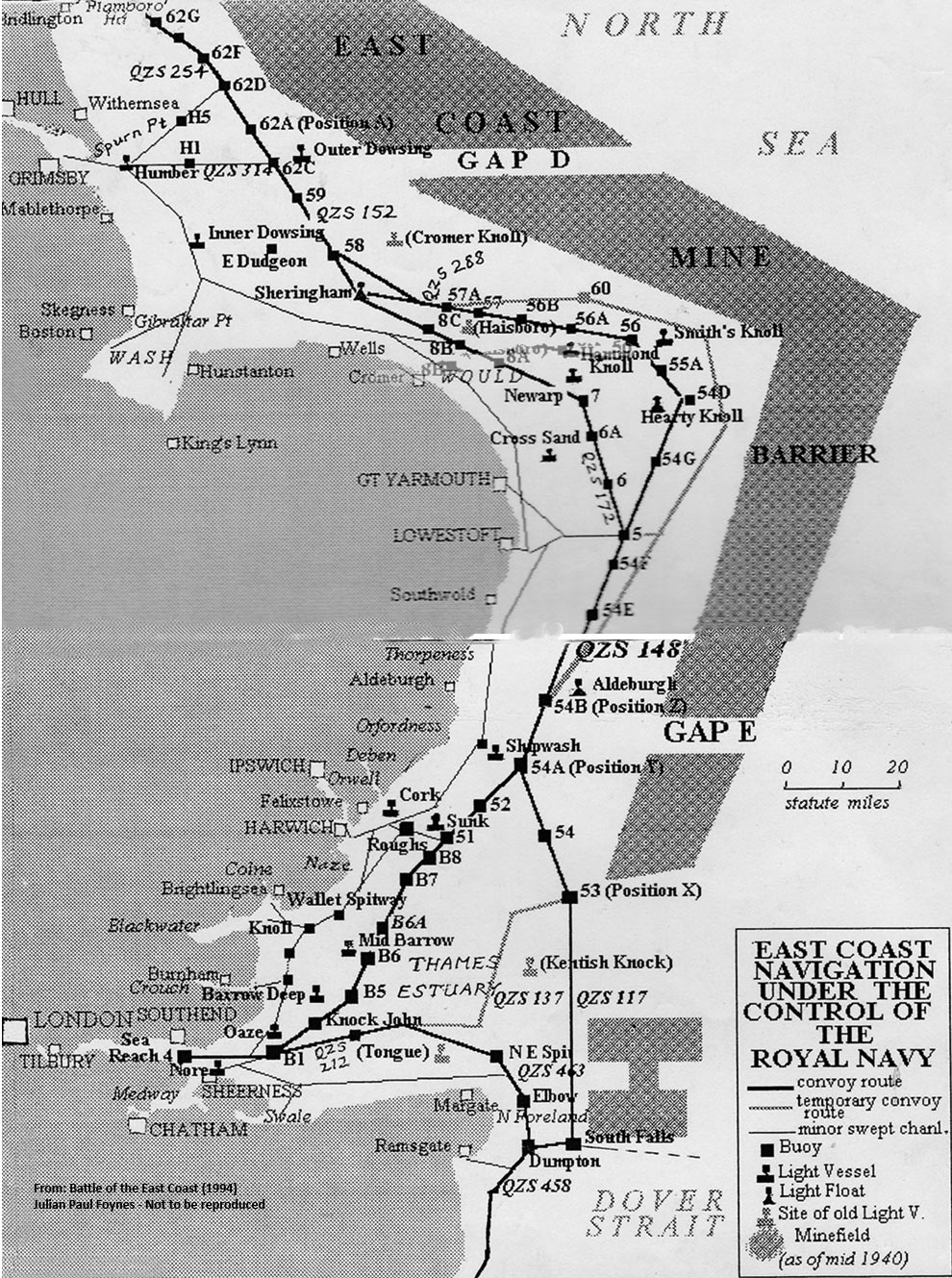 Map of East Coast showing Convoy royts in 1940